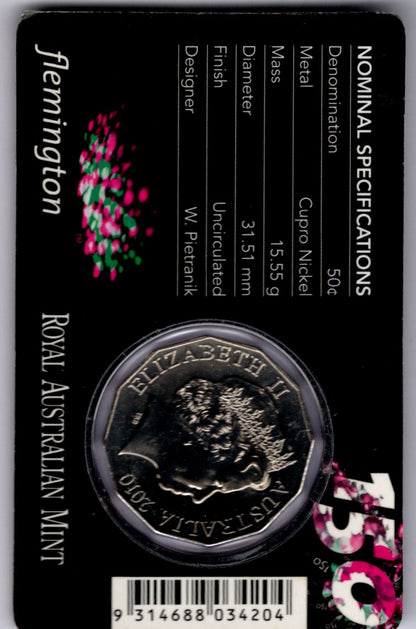 2010 Royal Australian Mint 150th Running of the Melbourne Cup 50c Uncirculated Coin Card — Flemington reverse