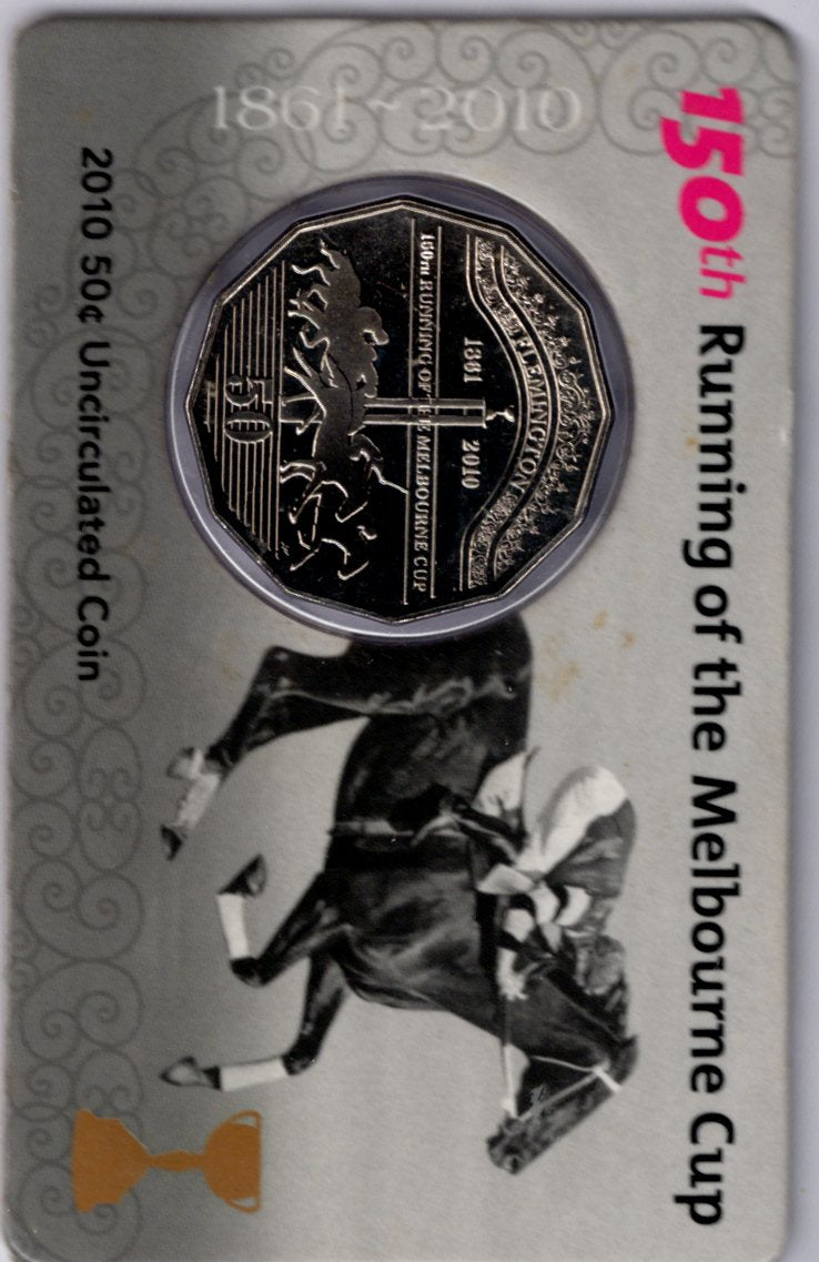 2010 Royal Australian Mint 150th Running of the Melbourne Cup 50c Uncirculated Coin Card — Flemington front