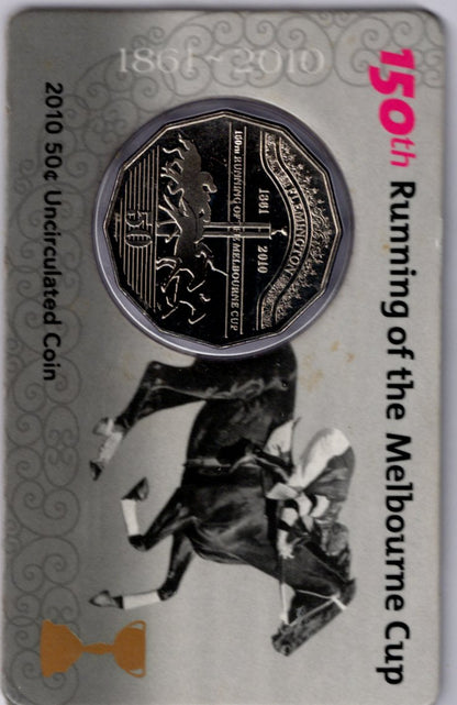 2010 Royal Australian Mint 150th Running of the Melbourne Cup 50c Uncirculated Coin Card — Flemington front
