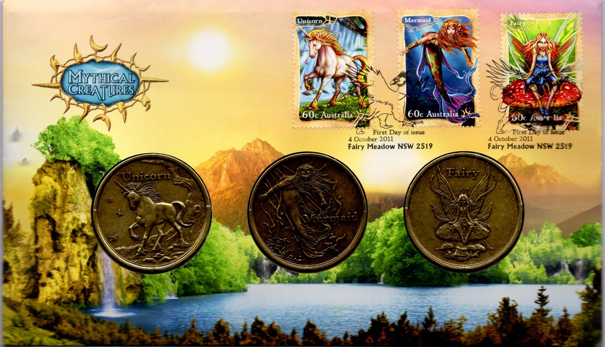 Mythical Creatures PNC Coin Cover Unicorn Mermaid Fairy Australia Post 2011 First Day Issue front