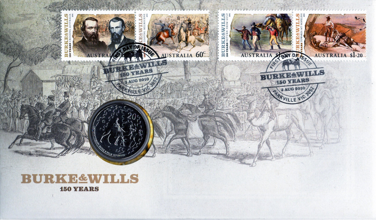 2010 Burke & Wills 150 Years 20c Postal Numismatic Cover