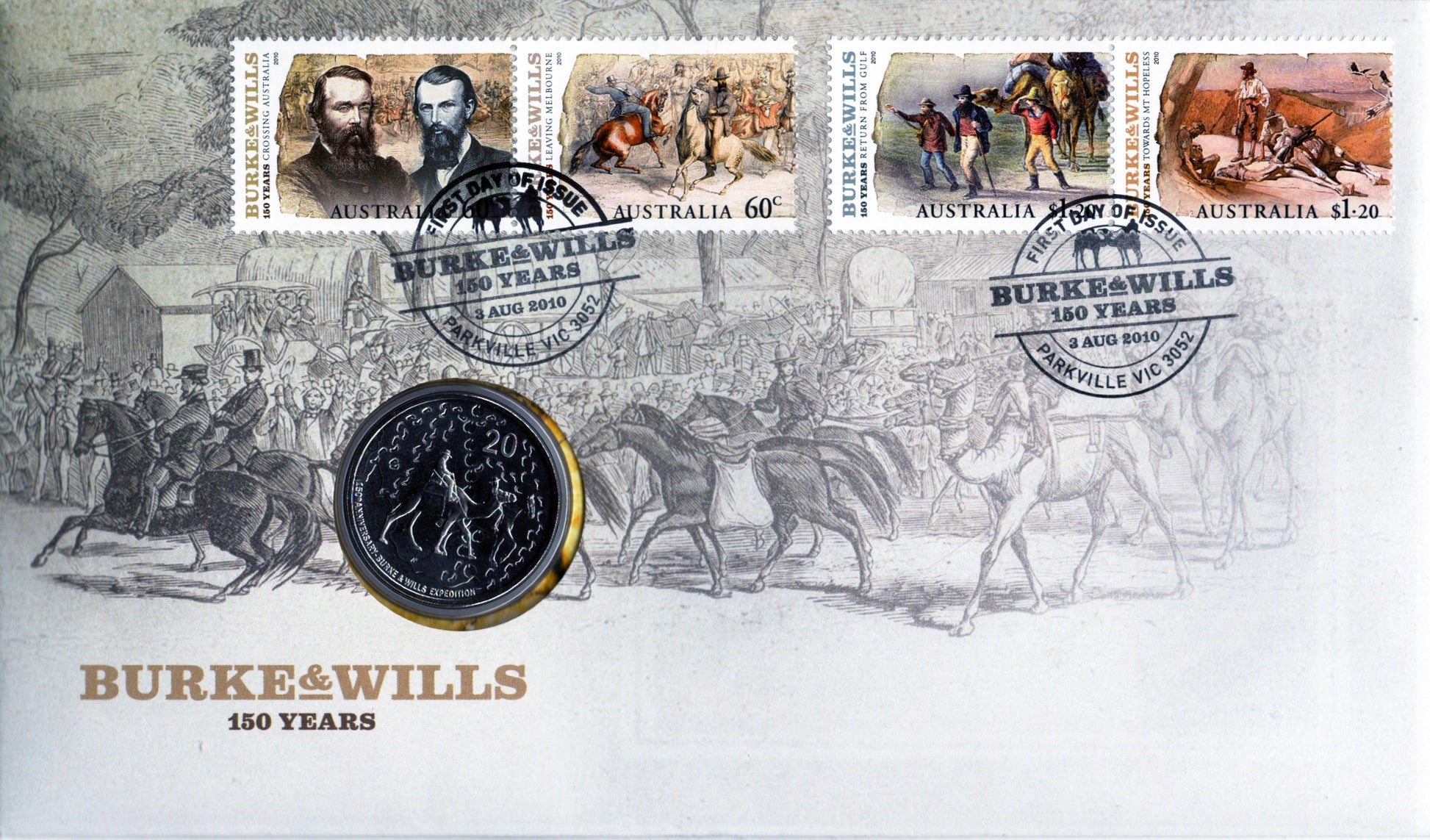 2010 Burke & Wills 150 Years 20c Postal Numismatic Cover