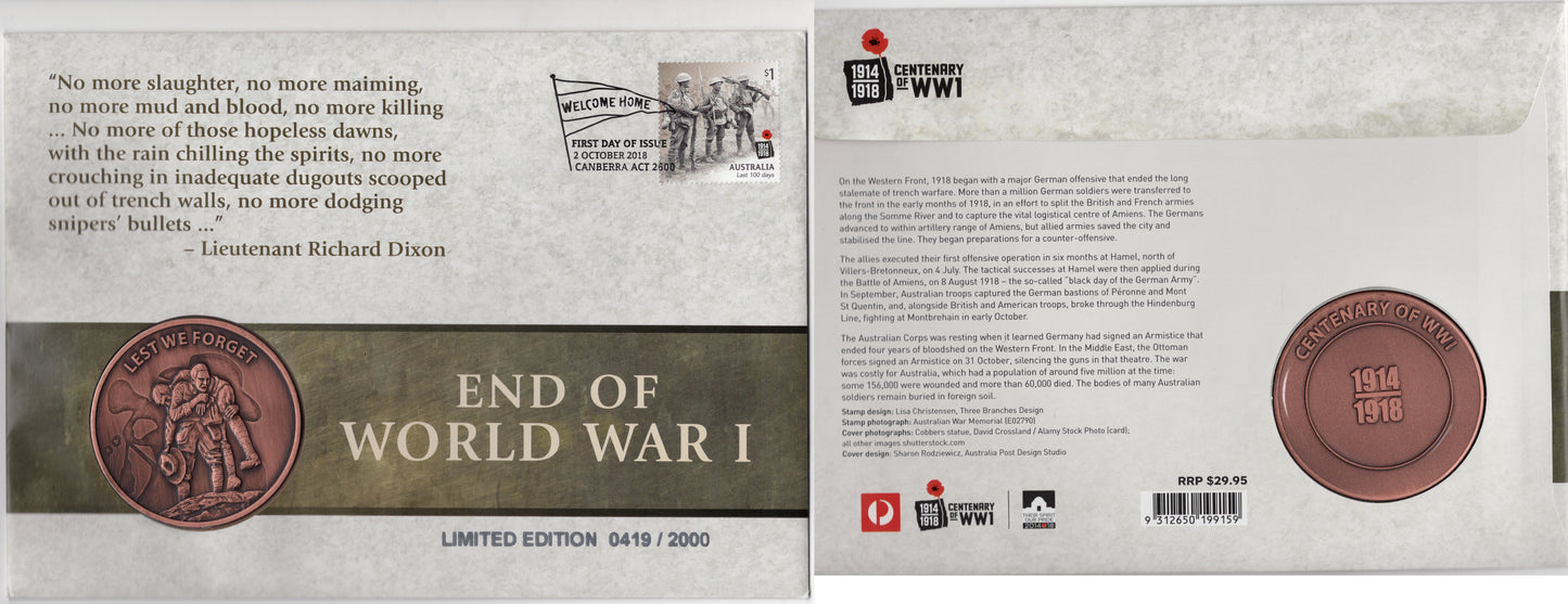2018 End of WW1 / 2014 - 2018 Centenary of WW1 Limited Edition Medallion PNC