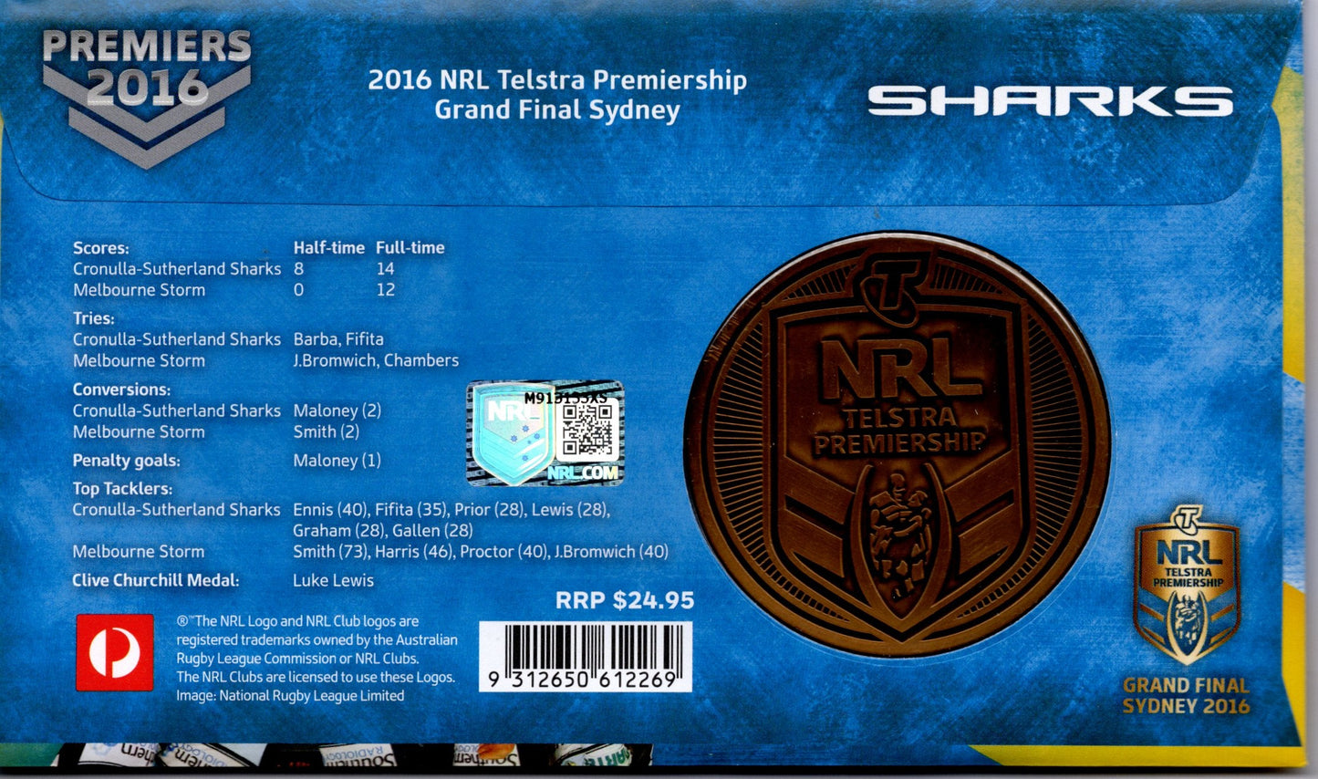2016 NRL Premiers Cronulla Sharks Stamp and Medallion Cover