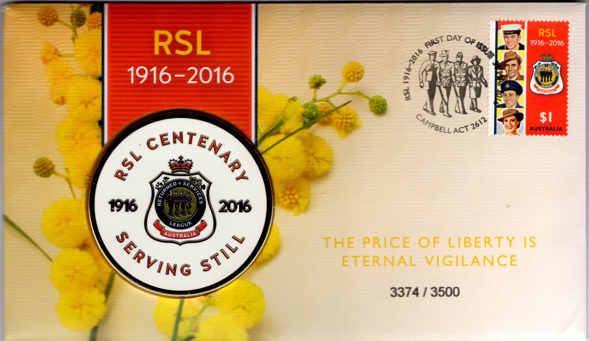 RSL Centenary 1916 to 2016 PNC Coin Cover Limited Edition 3374 of 3500 with Official Australia Post Stamp front