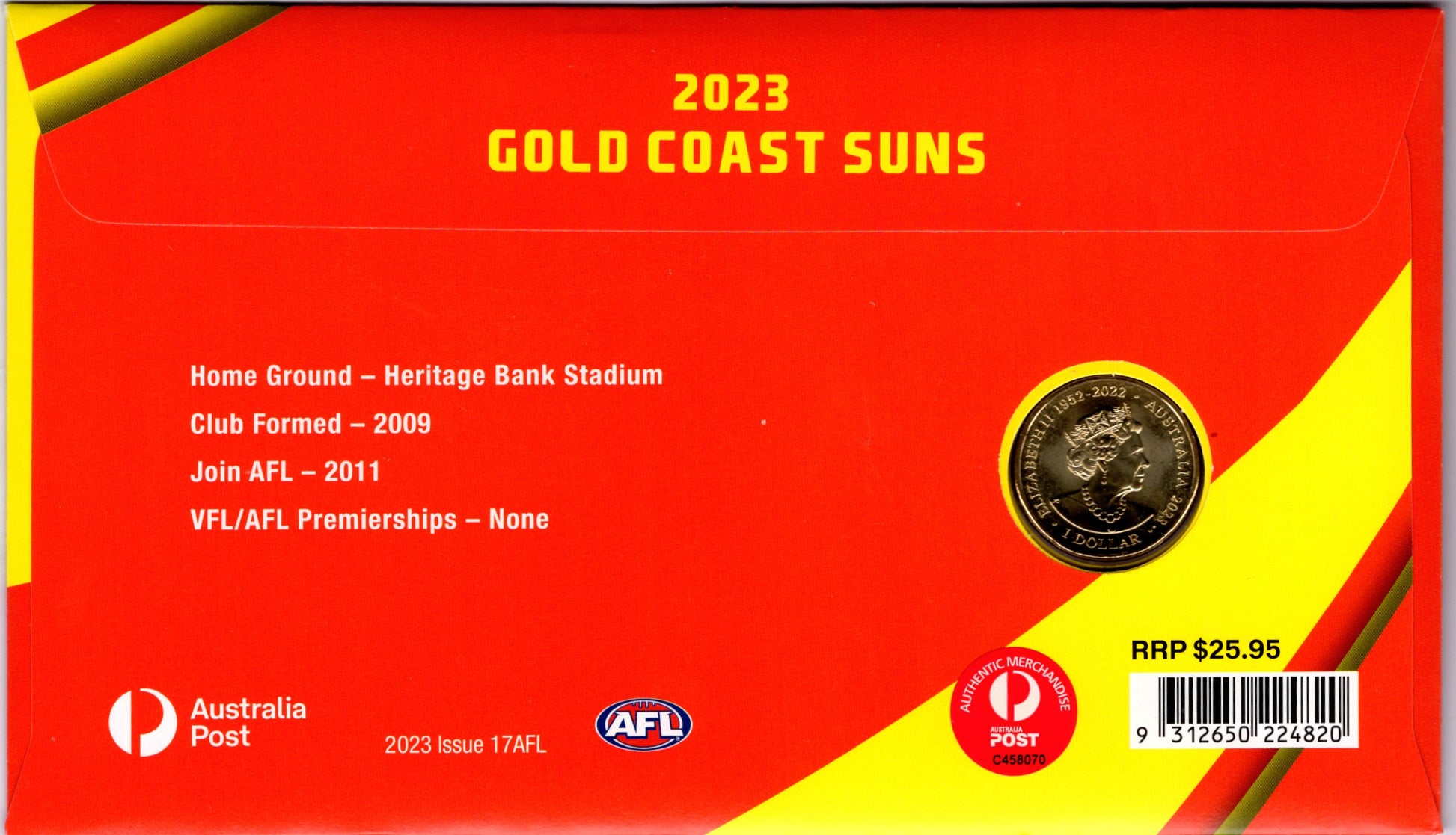 2023 Gold Coast Suns AFL PNC Coin Cover Limited Edition 296 of 1000 Collectible Keepsake reverse