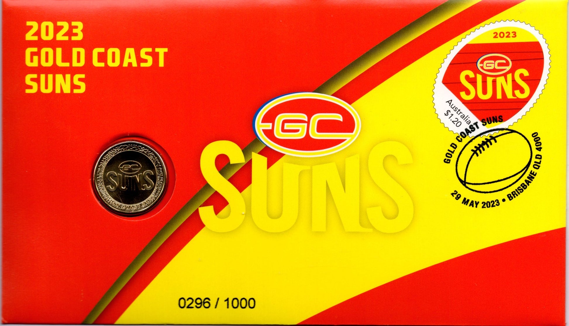 2023 Gold Coast Suns AFL PNC Coin Cover Limited Edition 296 of 1000 Collectible Keepsake front