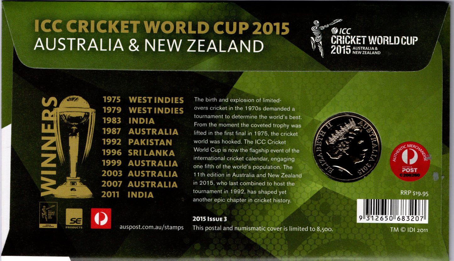 Official 2015 Icc Cricket World Cup Postal Numismatic Cover with Coin and Stamps Collectible Keepsake reverse