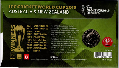 Official 2015 Icc Cricket World Cup Postal Numismatic Cover with Coin and Stamps Collectible Keepsake reverse