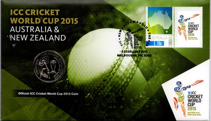 Official 2015 Icc Cricket World Cup Postal Numismatic Cover with Coin and Stamps Collectible Keepsake front