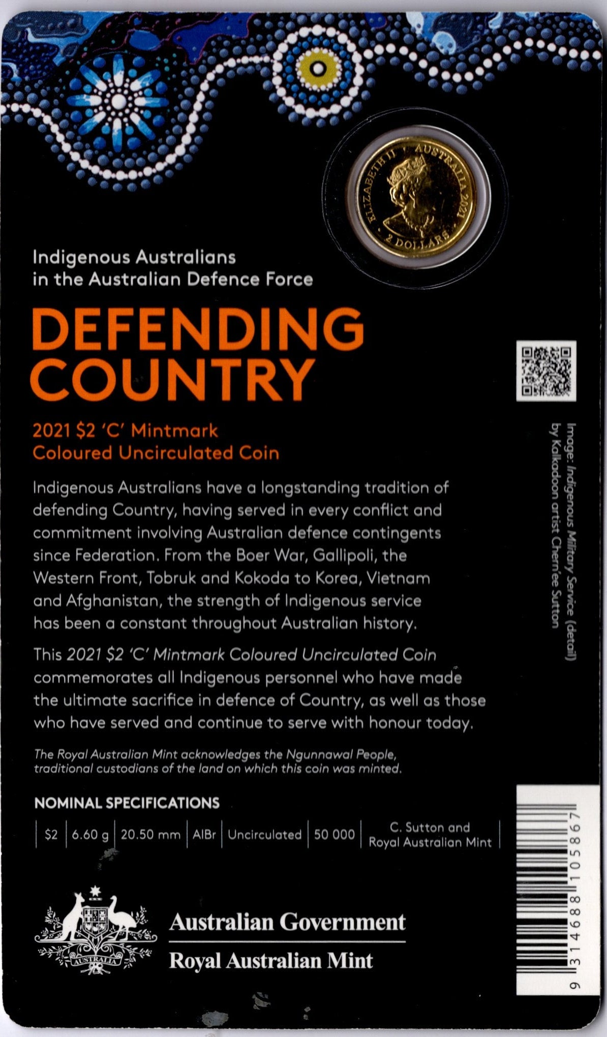 2021 Royal Australian Mint $2 'c' Mintmark Defending Country — Indigenous Australians in the Adf Coloured UNC reverse