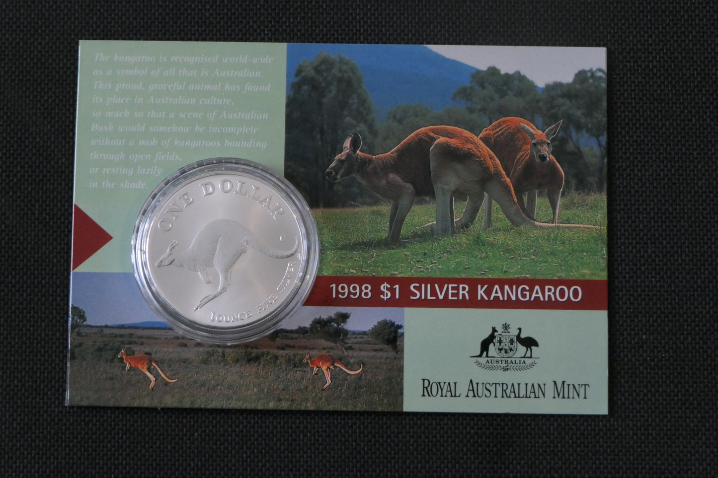 1998 $1 Silver Kangaroo Frosted UNC Coin — 1oz Fine Silver — Carded — RAM front
