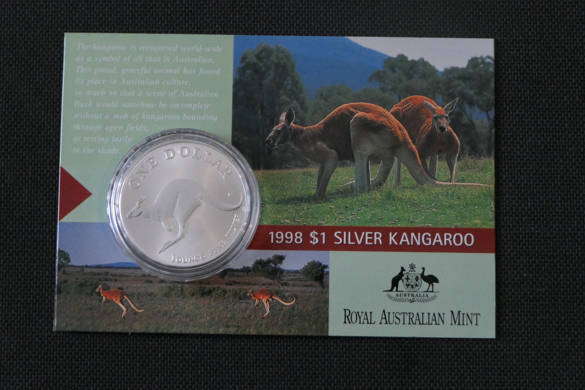 1998 $1 Silver Kangaroo Frosted UNC Coin — 1oz Fine Silver — Carded — RAM front