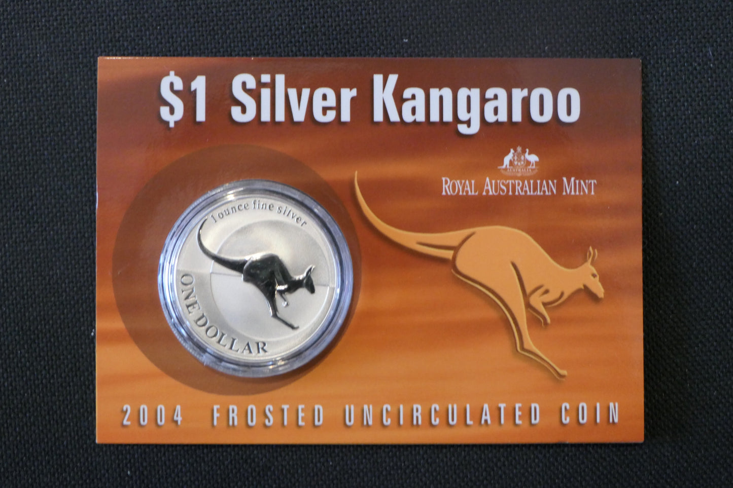 2004 $1 Silver Kangaroo Frosted UNC Coin — 1oz Fine Silver — Carded — RAM front