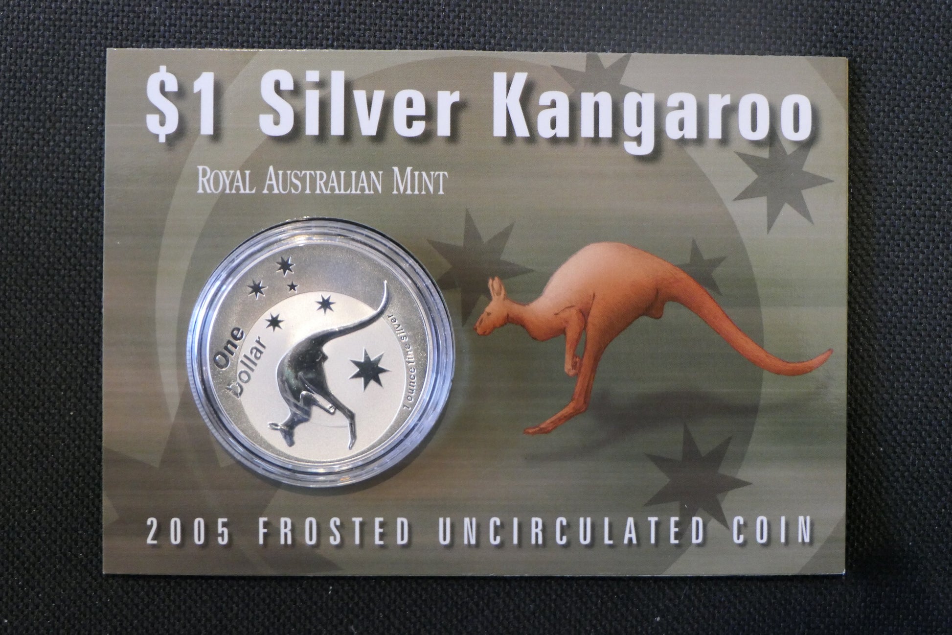 2005 $1 Silver Kangaroo Frosted UNC Coin — 1oz Fine Silver — Carded — RAM front