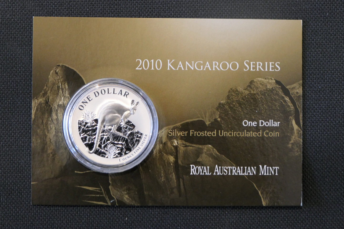 2010 $1 Silver Kangaroo Frosted UNC Coin — 1oz Fine Silver — Carded — RAM front