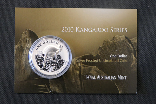 2010 $1 Silver Kangaroo Frosted UNC Coin — 1oz Fine Silver — Carded — RAM front