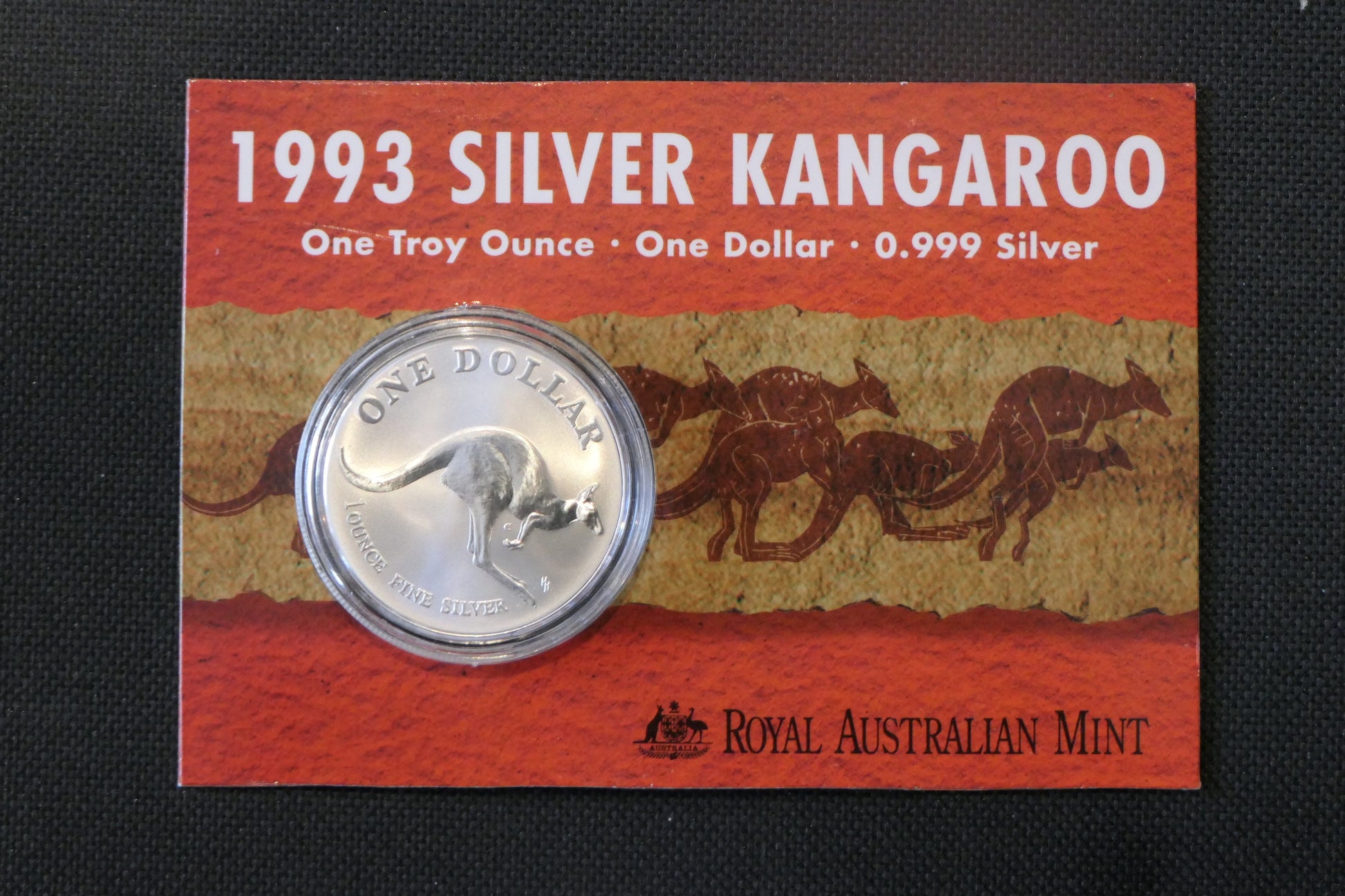 1993 $1 Silver Kangaroo — 1oz 0.999 Silver — Carded — RAM front