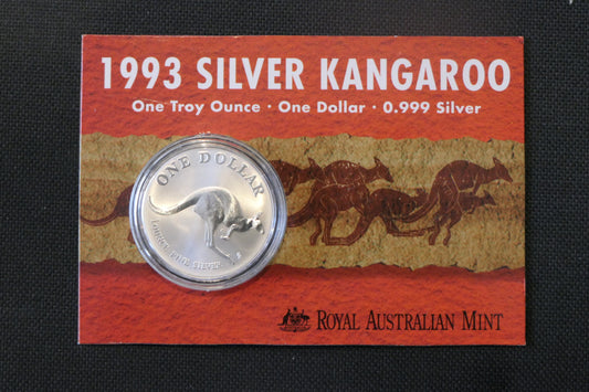 1993 $1 Silver Kangaroo — 1oz 0.999 Silver — Carded — RAM front