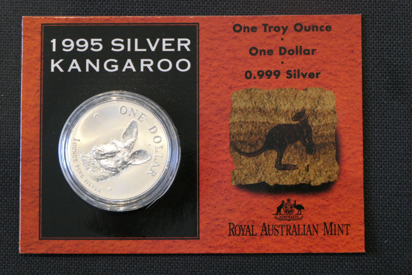 1995 $1 Silver Kangaroo — 1oz 0.999 Silver — Carded — RAM front