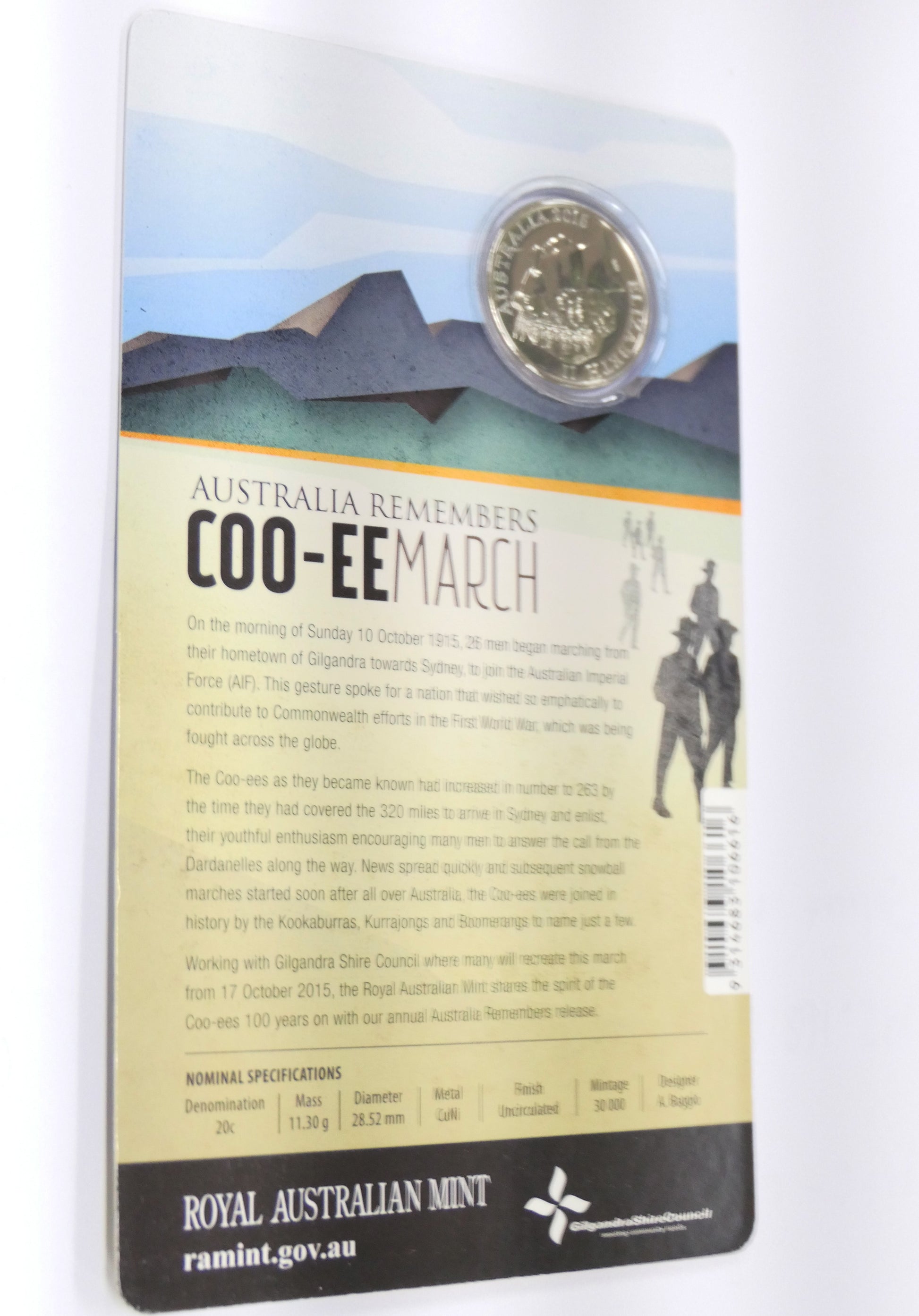 2015 20c Australia Remembers Coo-Eemarch Royal Australian Mint Coin on Card front