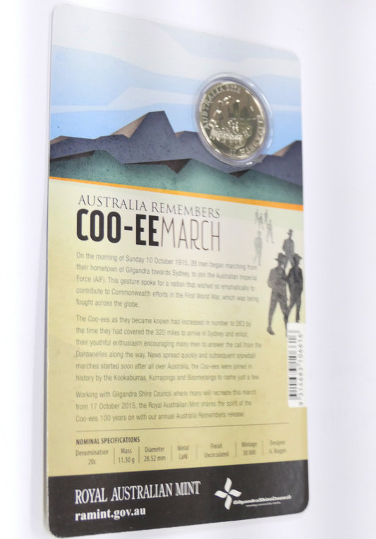 2015 20c Australia Remembers Coo-Eemarch Royal Australian Mint Coin on Card front