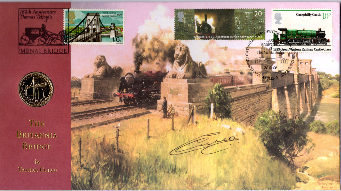 the Britannia Bridge by Terence Cuneo — 180th Anniversary Thomas Telford's Menai Bridge Fdc — Signed Terence Cuneo —...