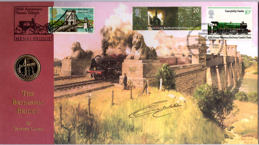 the Britannia Bridge by Terence Cuneo — 180th Anniversary Thomas Telford's Menai Bridge Fdc — Signed Terence Cuneo —...