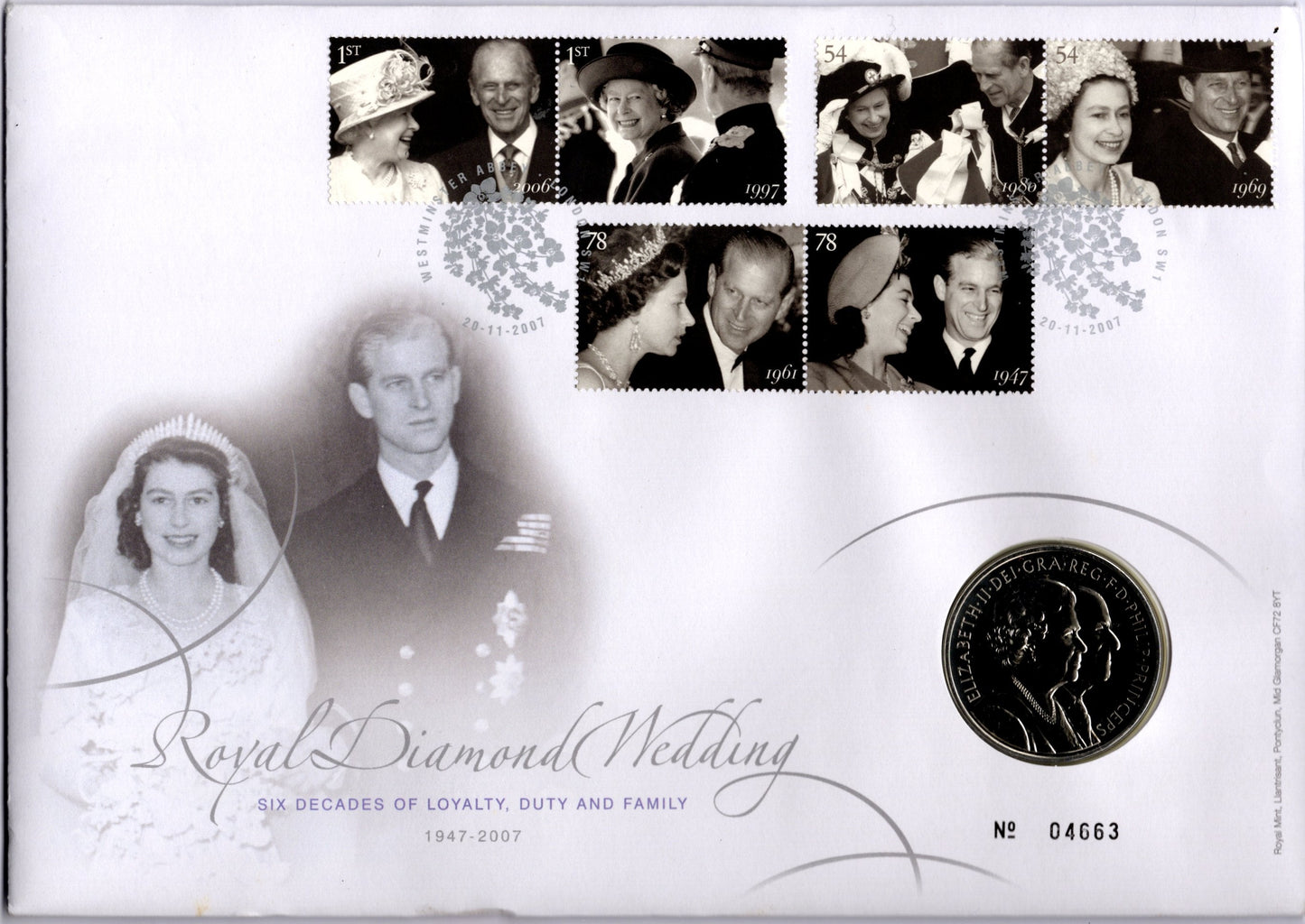 2007 Diamond Wedding £5 BU Coin with Stamps PNC
