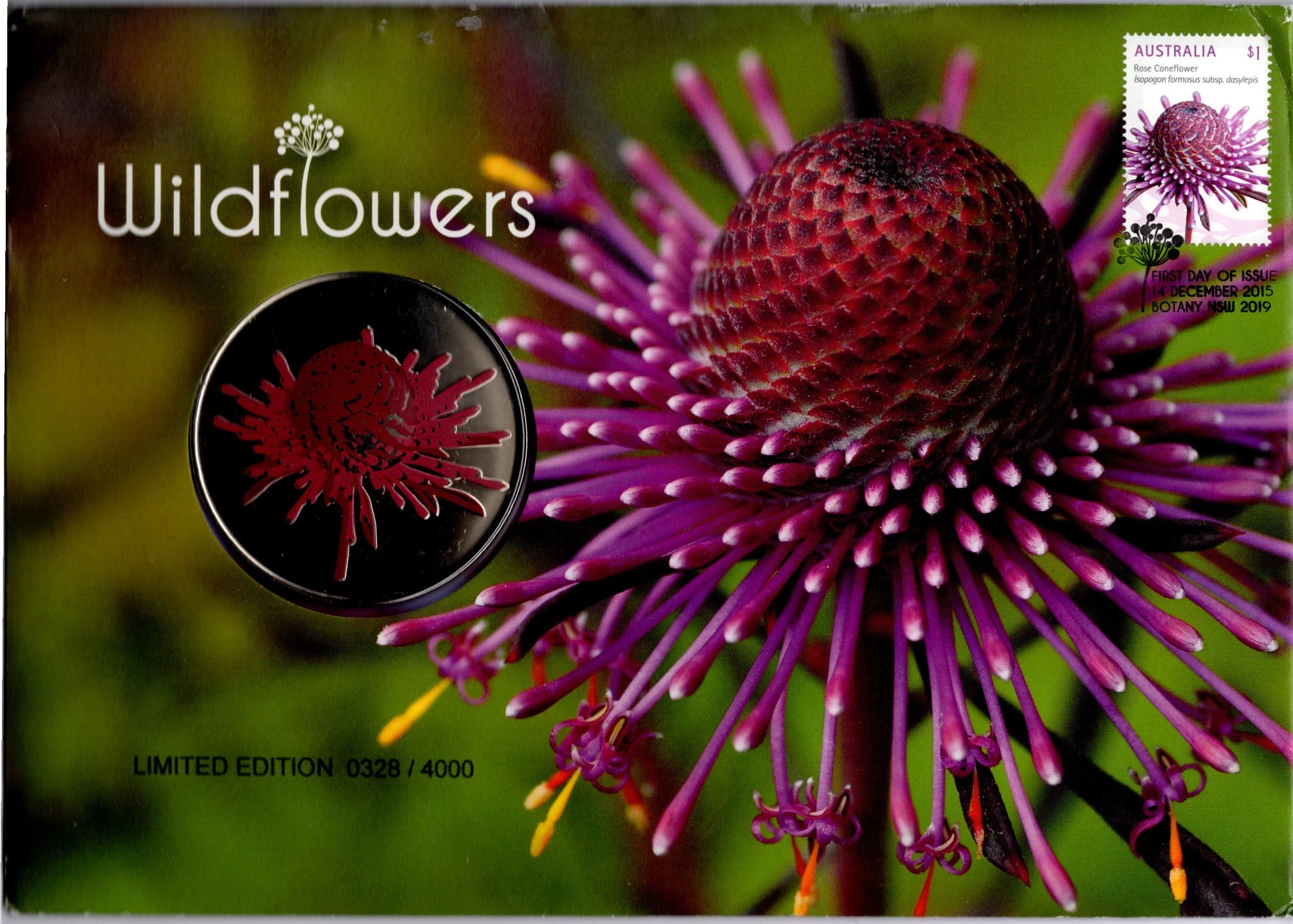 2019 Australia Post Australian Wildflowers PNC — Dryandra — Coloured Medallion + $1 Stamp — Limited Edition 0328/4000 front