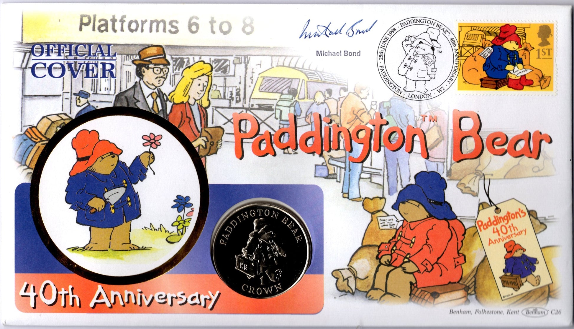 Paddington Bear 40th Anniversary Official Fdc — Signed Michael Bond — Paddington Bear Crown Coin — Benham C26 PNC front