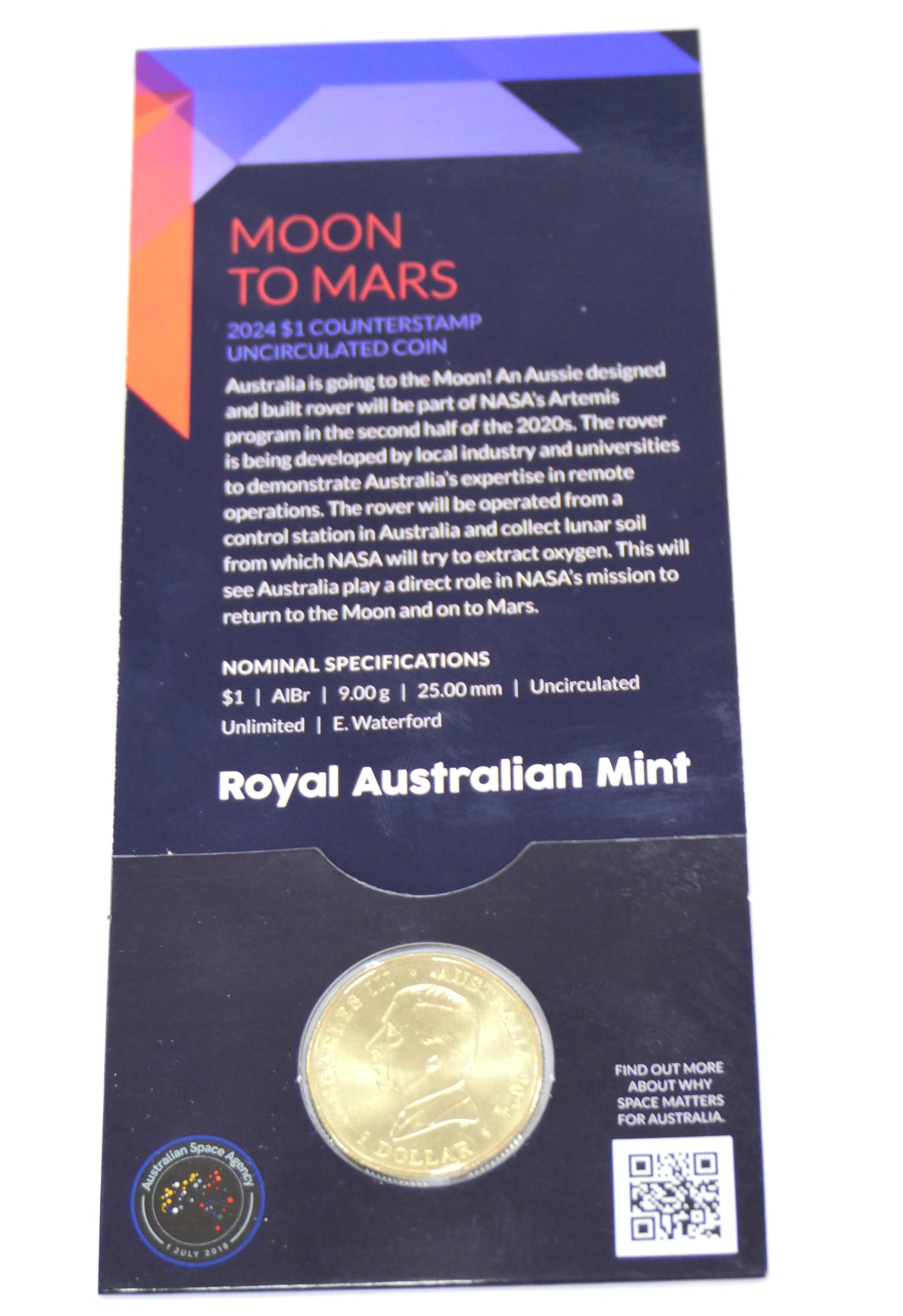 2024 $1 Counter Stamp Moon to Mars Carded Coin front