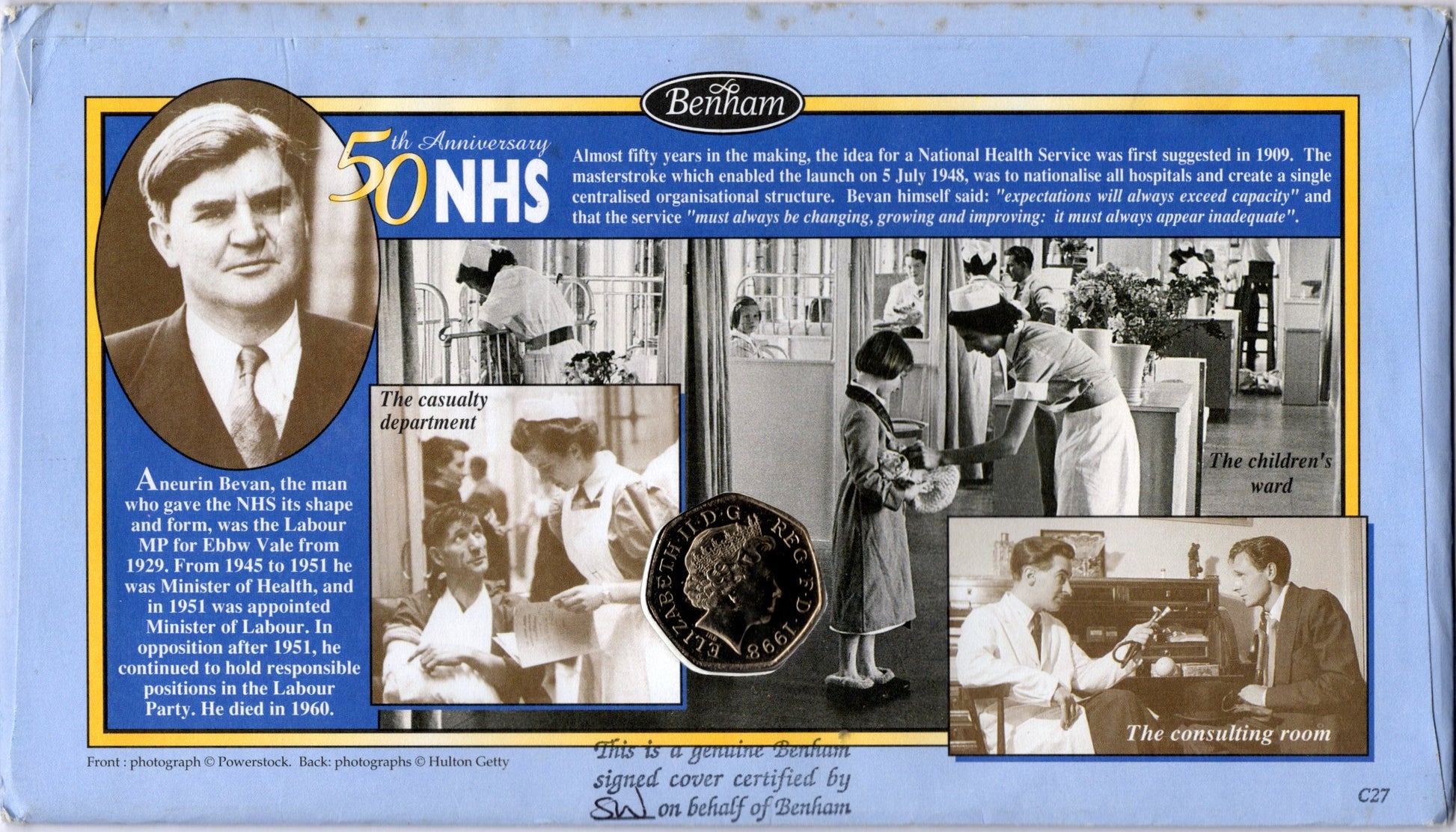 Benham 50th Anniversary Nhs Fdc — Aneurin Bevan — 50p Nhs Coin — Signed Cover C27 front