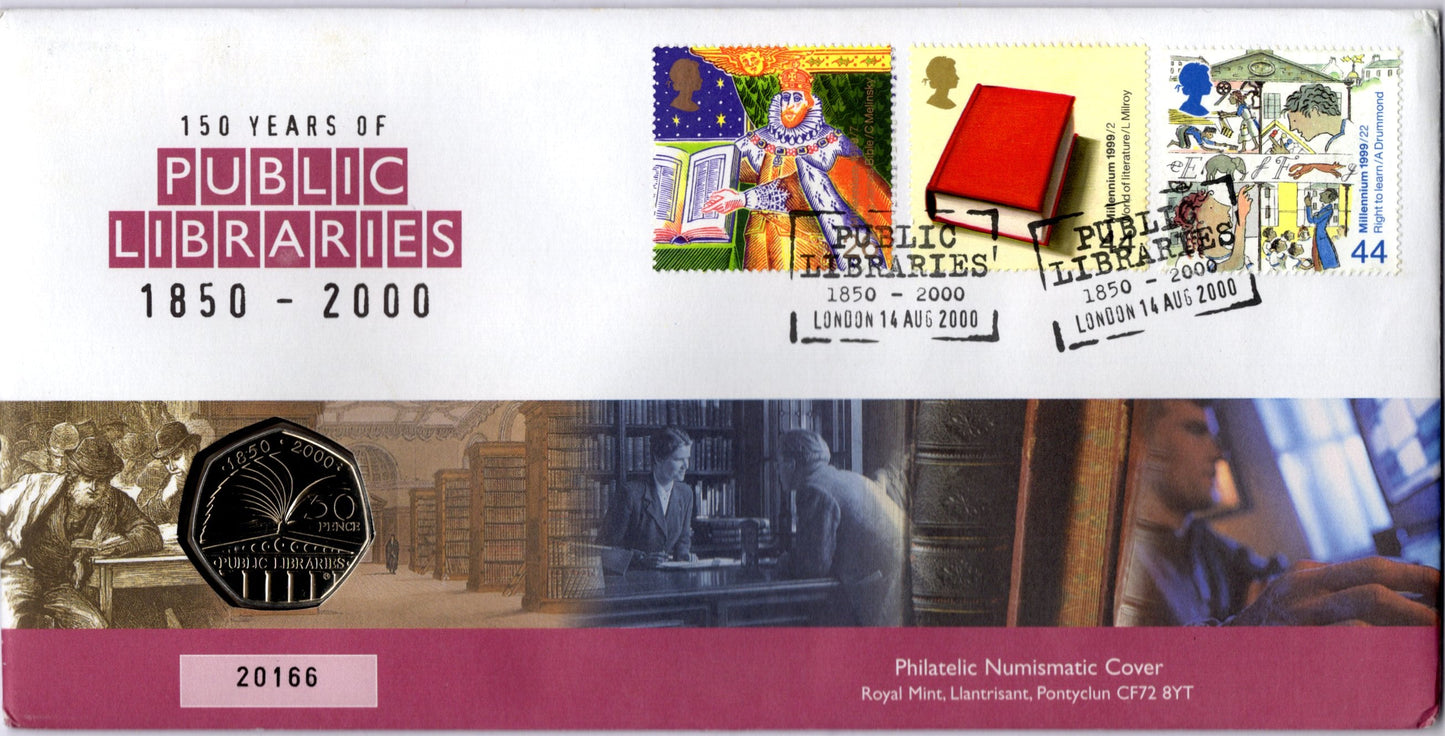 2000 Public Libraries 50p BU Coin with Stamps PNC