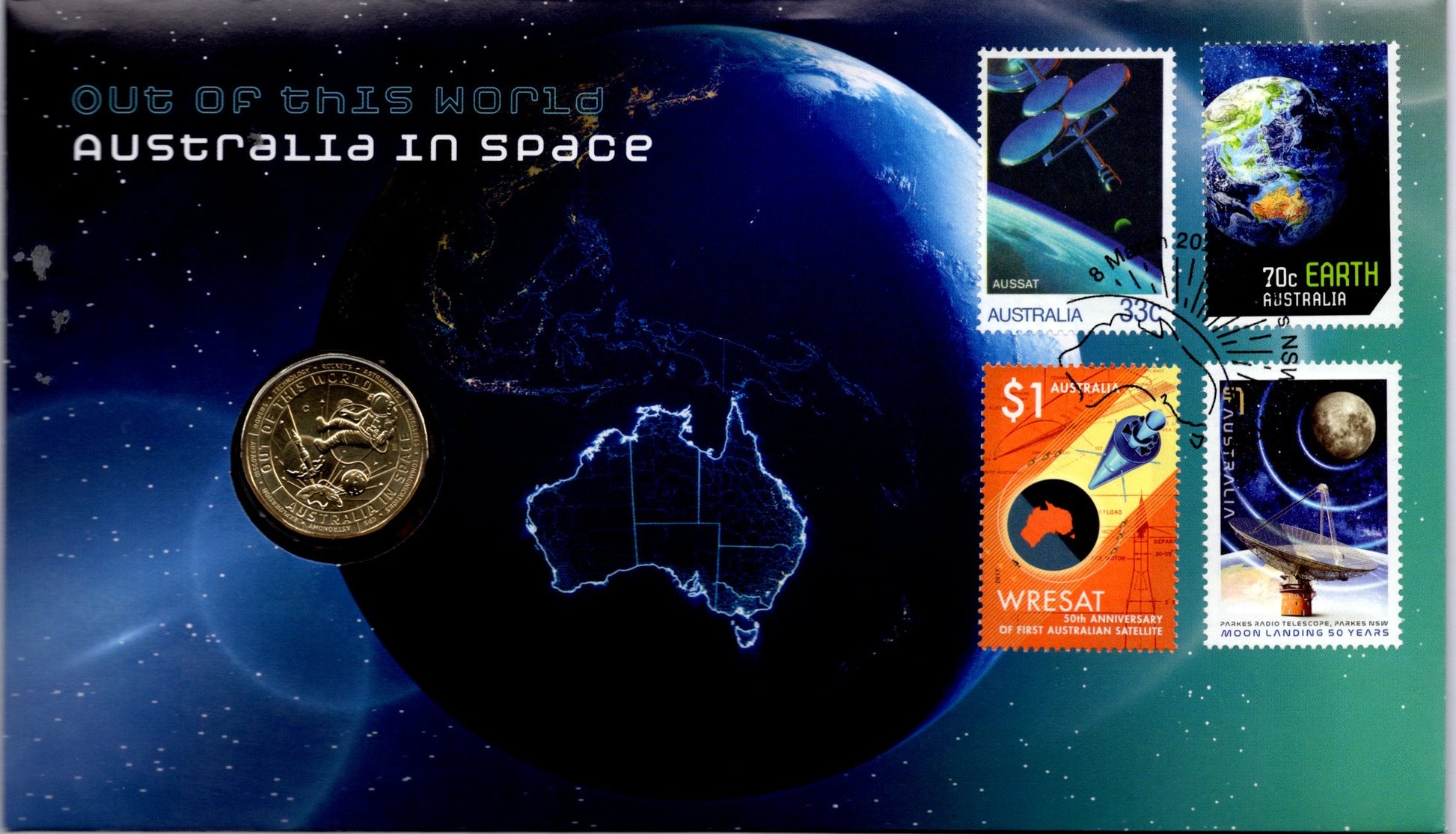 2019 Australia Post Out of This World — Australia in Space PNC — $1 Coin + Wresat 50th Anniversary & Aussat Stamps — FDI...