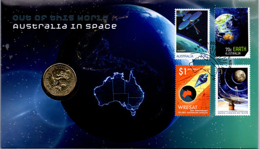 2019 Australia Post Out of This World — Australia in Space PNC — $1 Coin + Wresat 50th Anniversary & Aussat Stamps — FDI...