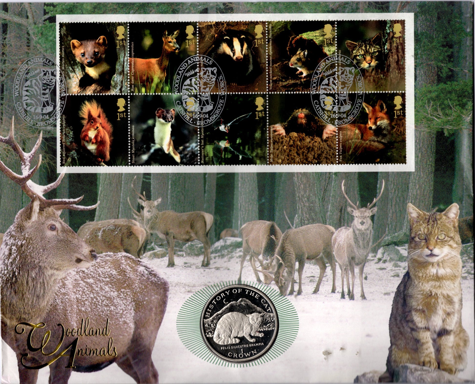 Woodland Animals Fdc — History of the Cat Crown Coin — Gb Stamps — Castlemorton Worcs front