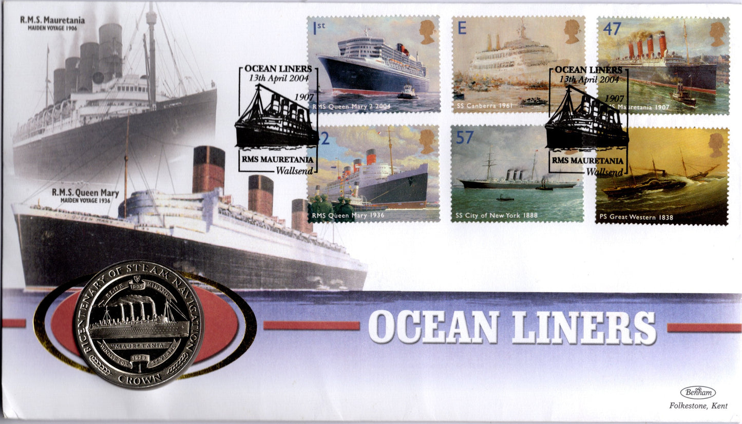 Benham Ocean Liners Fdc — Bicentenary of Steam Navigation Crown Coin — Rms Mauretania Wallsend 2004 front