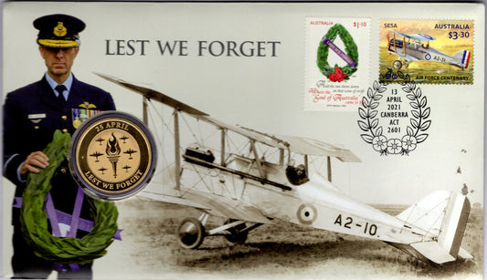2021 Australia Post Lest We Forget ANZAC Day PNC — 25 April Medallion + RAAF Air Force Centenary Stamps — Canberra Act 13...