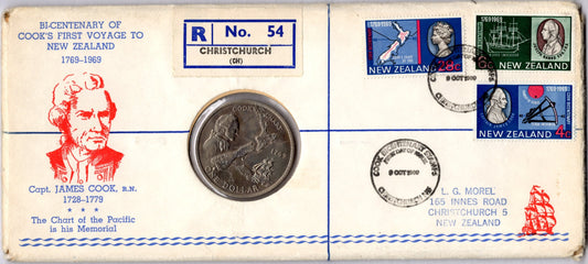 1969 Vintage Envelope with Stamps Coin and New Zealand Postmark front
