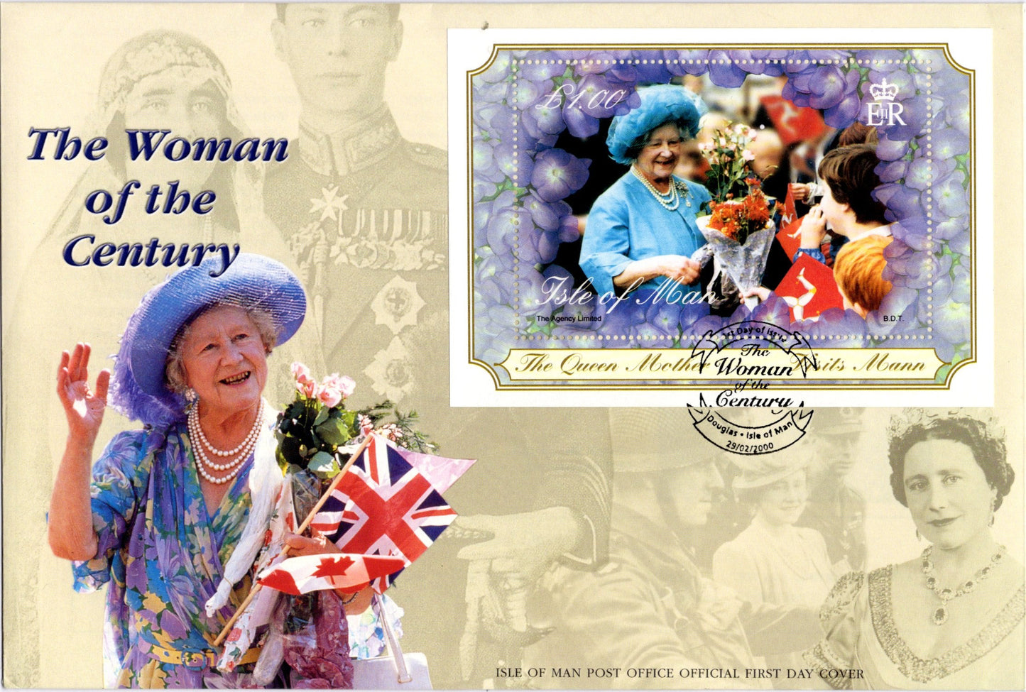 Isle of Man Post Office Official Fdc — the Woman of the Century — Queen Mother — Douglas Iom 2000 front
