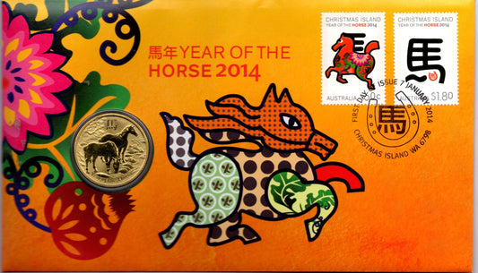 2014 Australia Post Year of the Horse PNC — $1 Gold Coin + Dual Christmas Island Stamps — First Day of Issue Christmas...