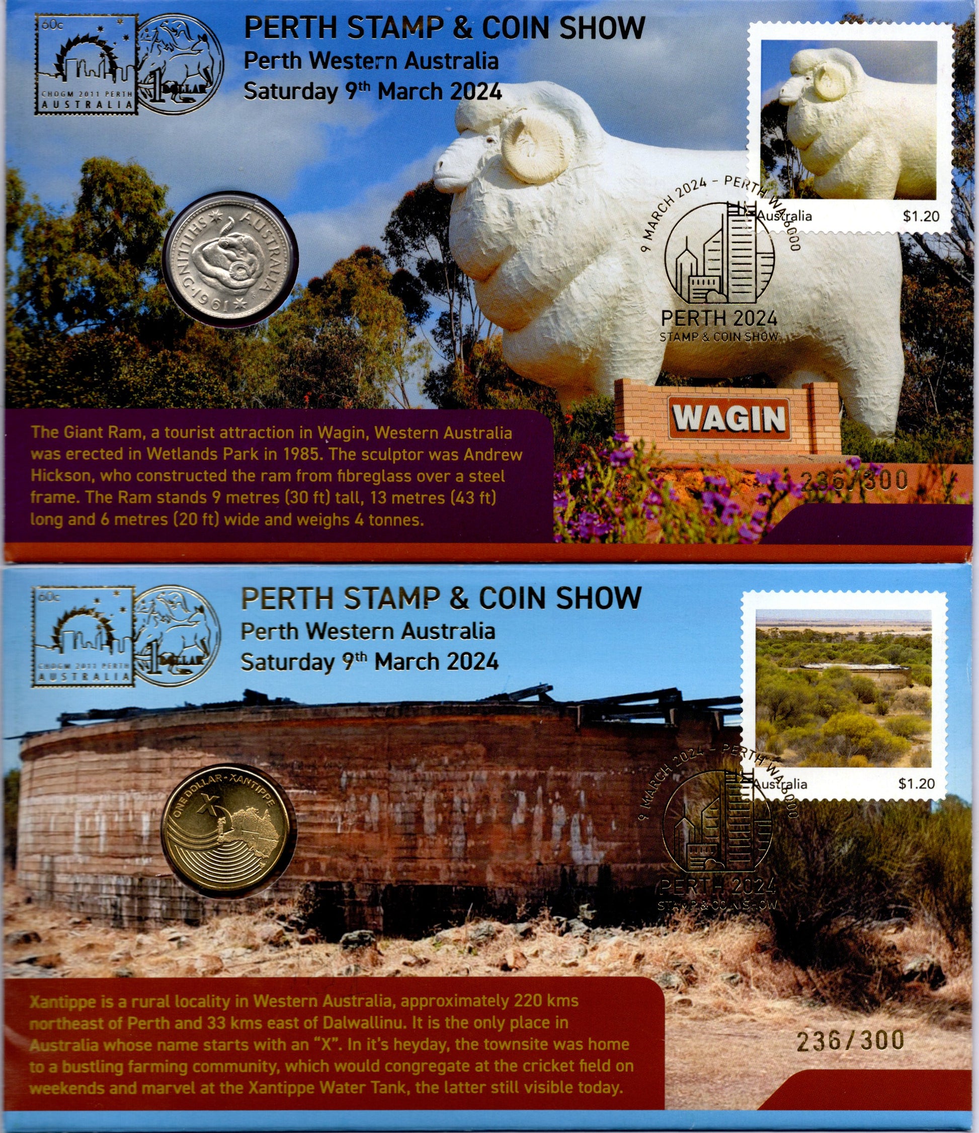2024 Australia Post Perth Stamp & Coin Show PNC Pair — Wagin Giant RAM & Xantippe Water Tank — Limited Edition 236/300 front