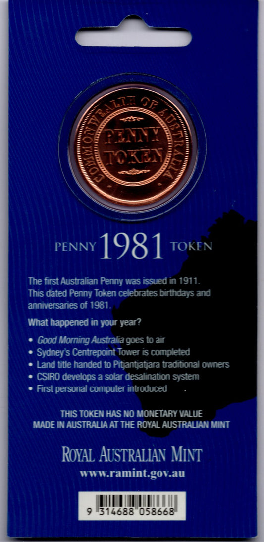 1981 RAM Penny Token — Royal Australian Mint — Platypus Reverse reverse