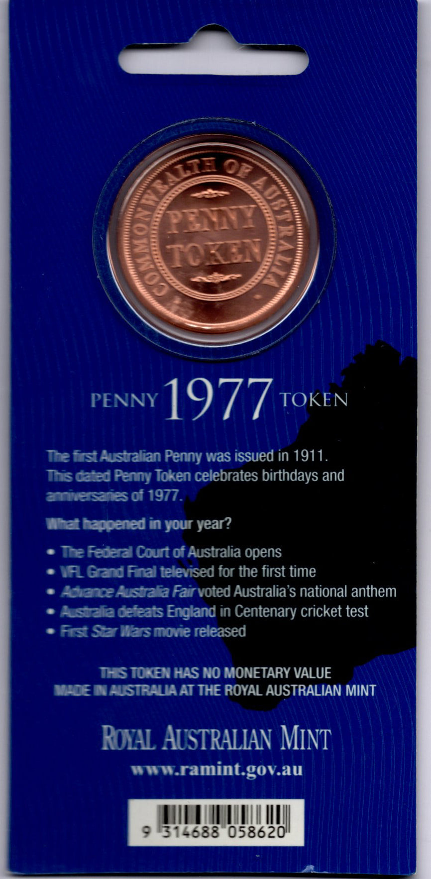 1977 RAM Penny Token — Royal Australian Mint — Platypus Reverse reverse