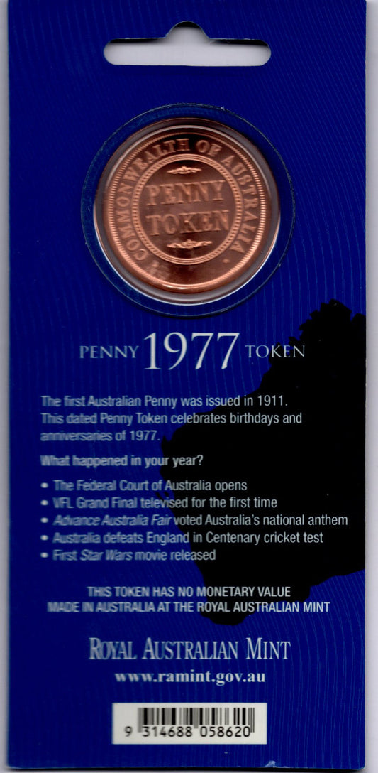 1977 RAM Penny Token — Royal Australian Mint — Platypus Reverse reverse
