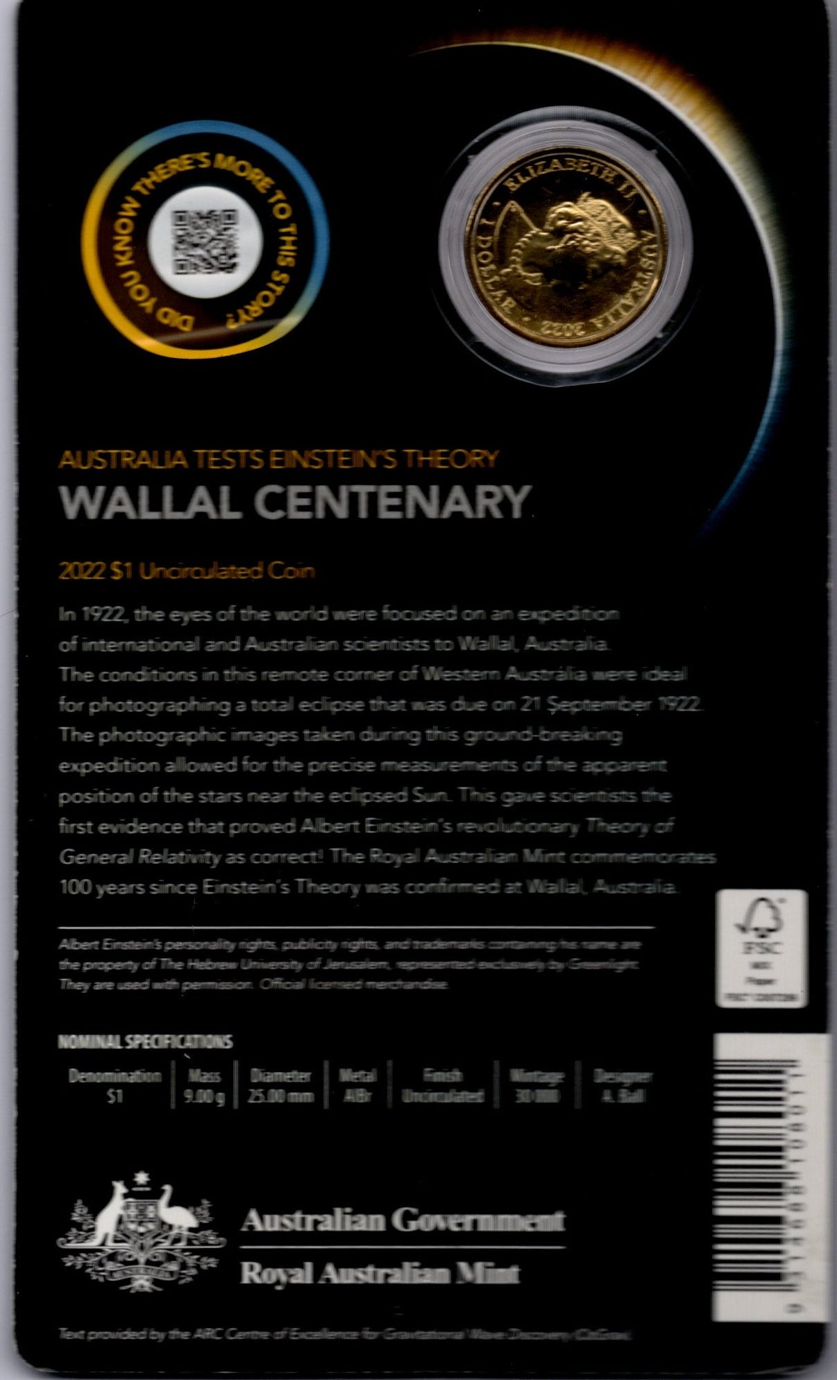 2022 Royal Australian Mint $1 Wallal Centenary — Australia Tests Einstein's Theory Uncirculated Coin reverse