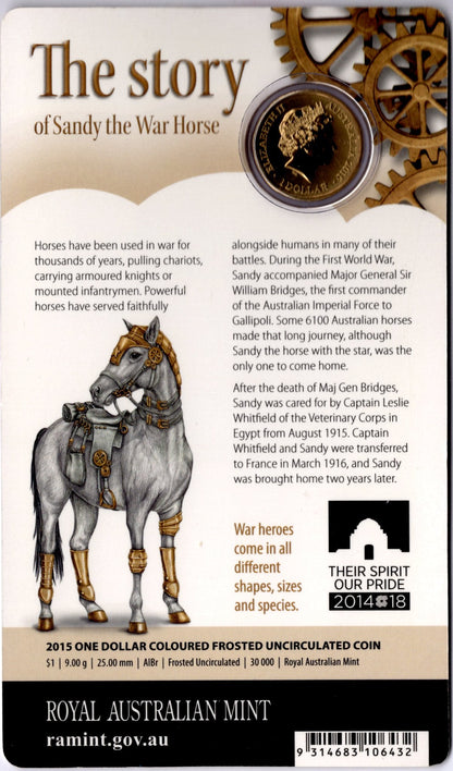 2015 Royal Australian Mint Coloured $1 Unlikely Heroes — Murphy the Donkey reverse