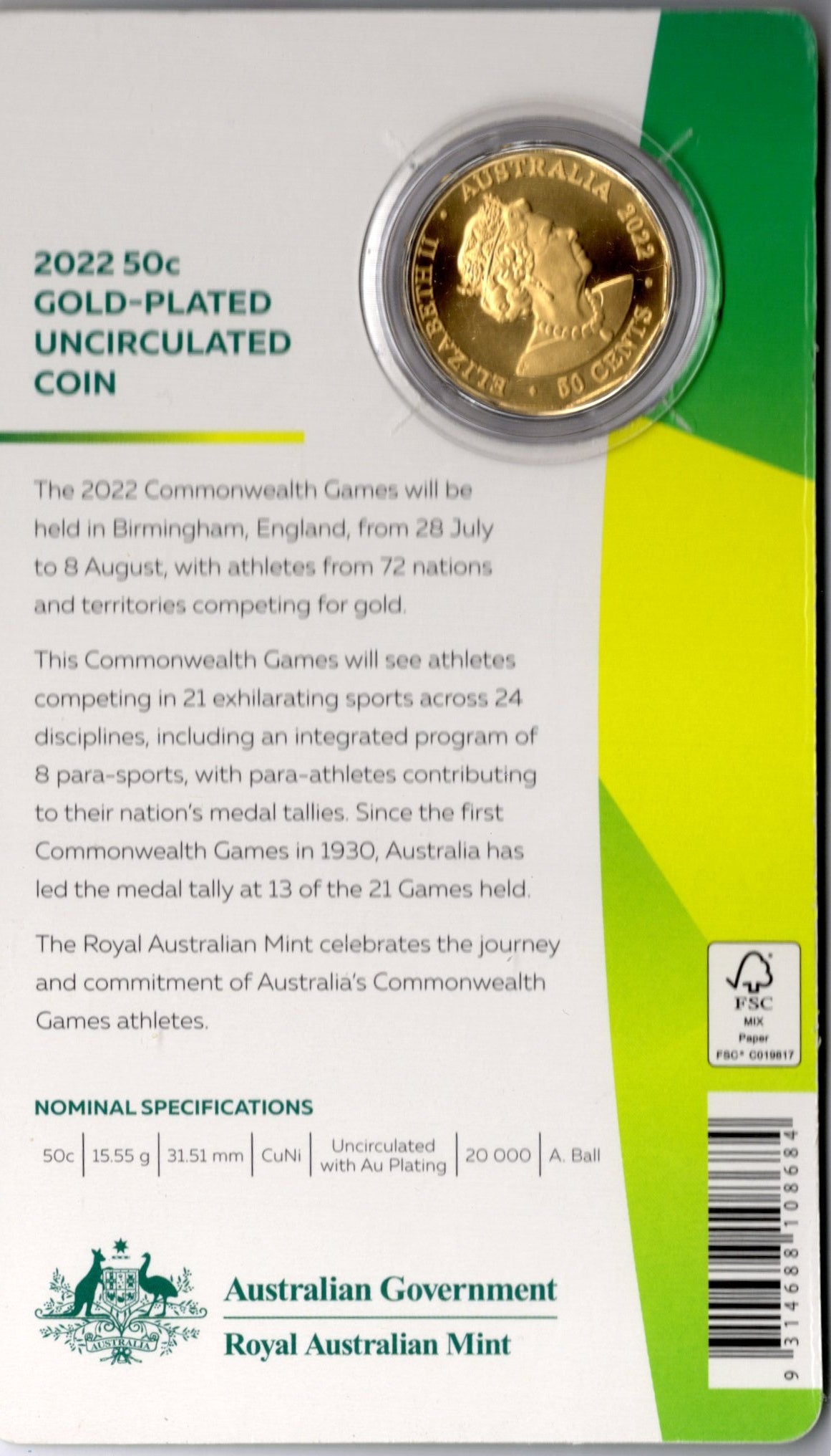 2022 Royal Australian Mint 50c Gold-Plated Uncirculated Coin — Australian Commonwealth Games Team reverse