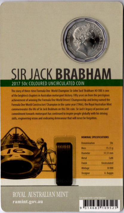 2017 Royal Australian Mint 50c Sir Jack Brabham Coloured Uncirculated Coin reverse